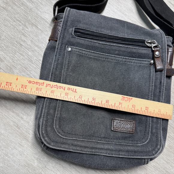 ACACIA Revolve Canvas Crossbody Bag Satchel Leather Accents Gray Zip Snap Close - Picture 6 of 7